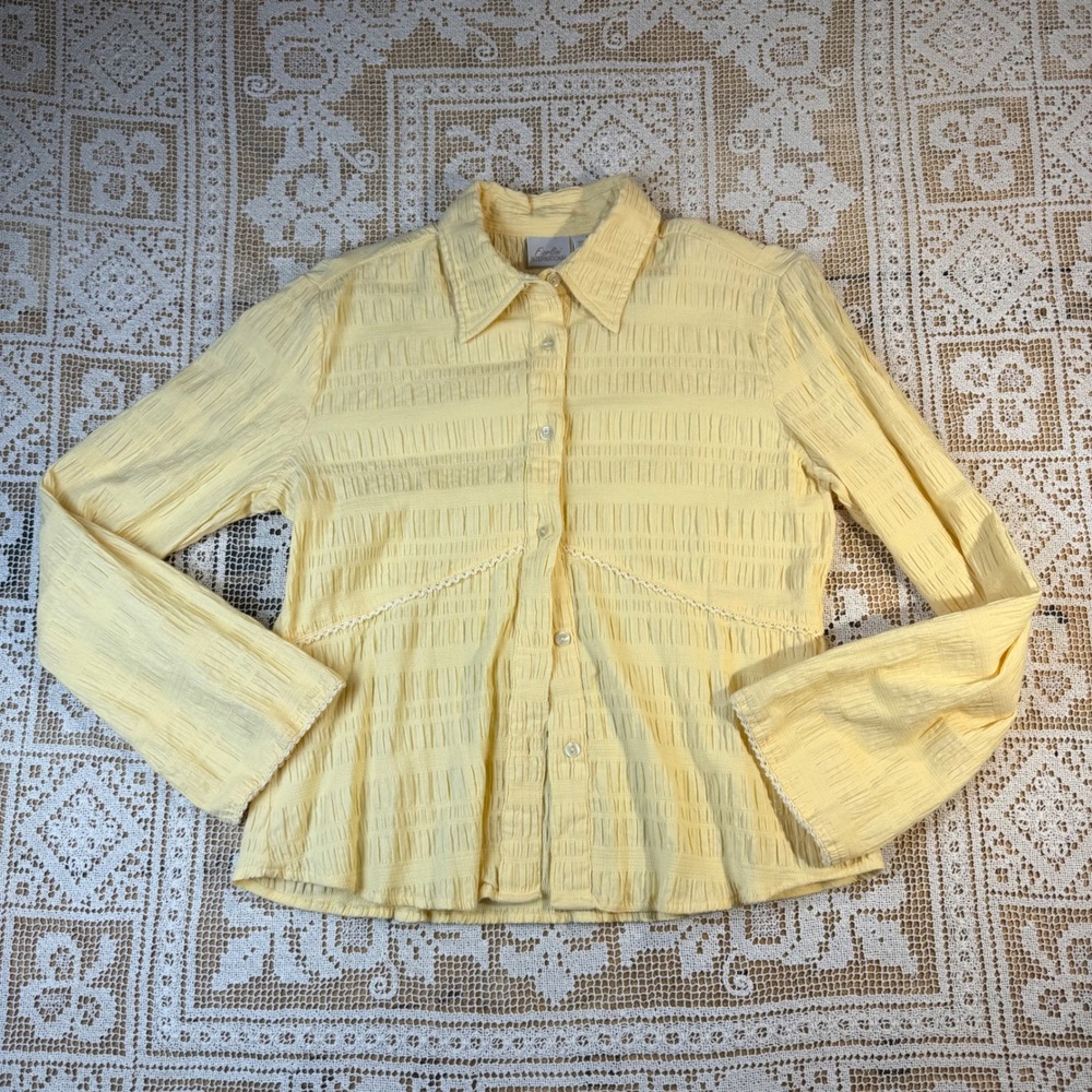 Fiorlini International Butter Yellow Smocked 90s Button Down Shirt Womens Medium